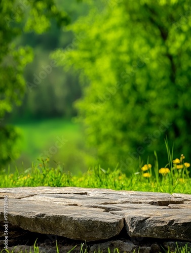 A stone platform in a natural setting with lush green trees and foliage in the background. This image is perfect for showcasing products, creating a natural backdrop, or adding a touch of tranquility 