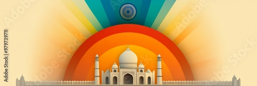 A vibrant illustration of the Taj Mahal against a colorful background, celebrating India's independence. The Taj Mahal, a symbol of love and beauty, stands proudly with a rainbow arch representing uni photo