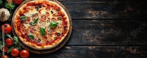 HAPPY World Pizza Day banner template. Flat lay composition with pizza, parmesan, and toppings on dark wooden background. Top view with copy space