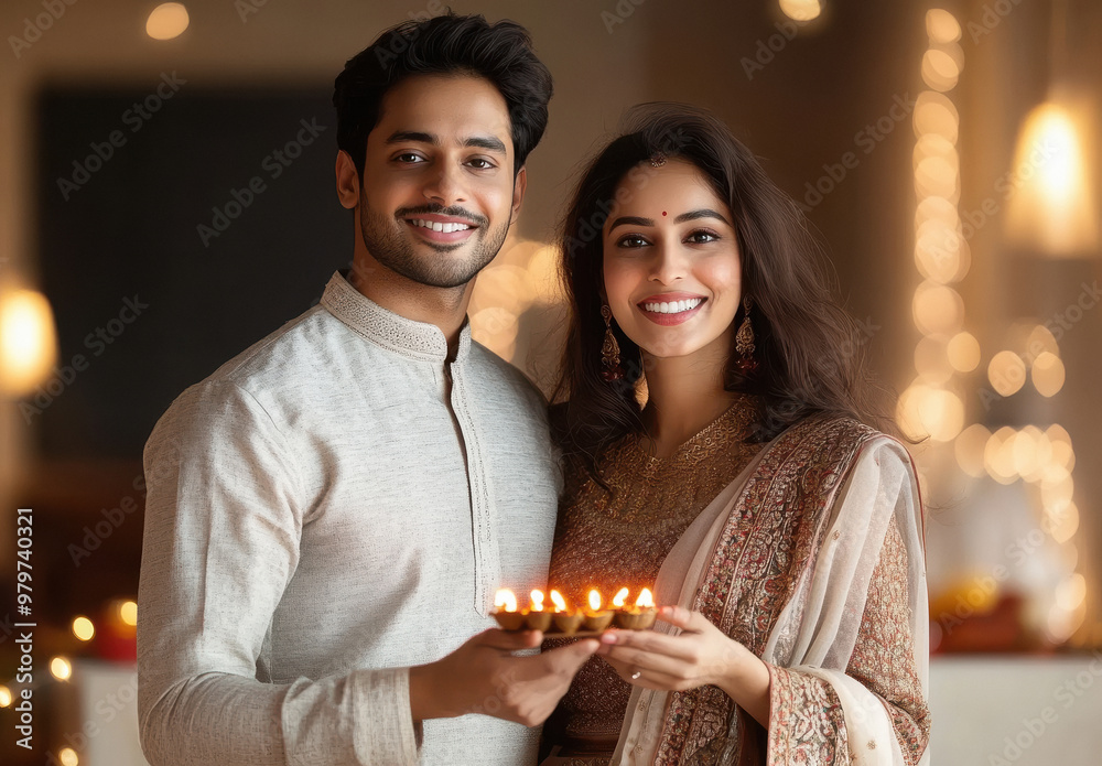 young indian couple holding oil lamps plate young indian couple holding oil lamps plate