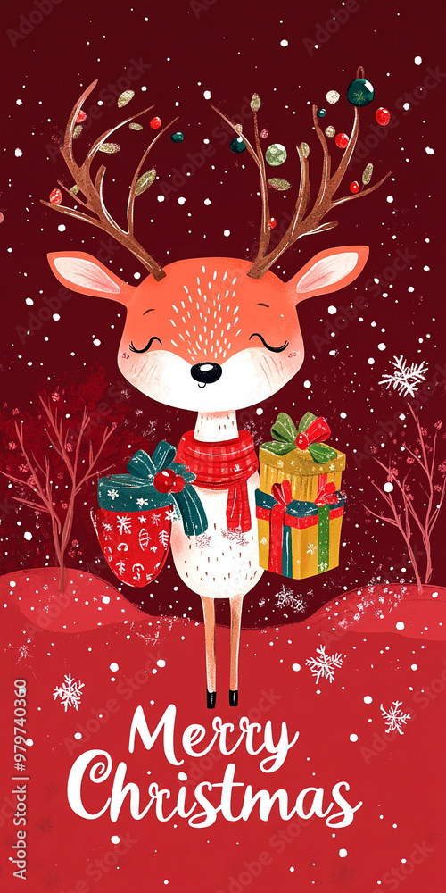 Stickers of Christmas deer carrying gifts on a red background in a cute cartoon design Stickers of Christmas deer carrying gifts on a red background in a cute cartoon design