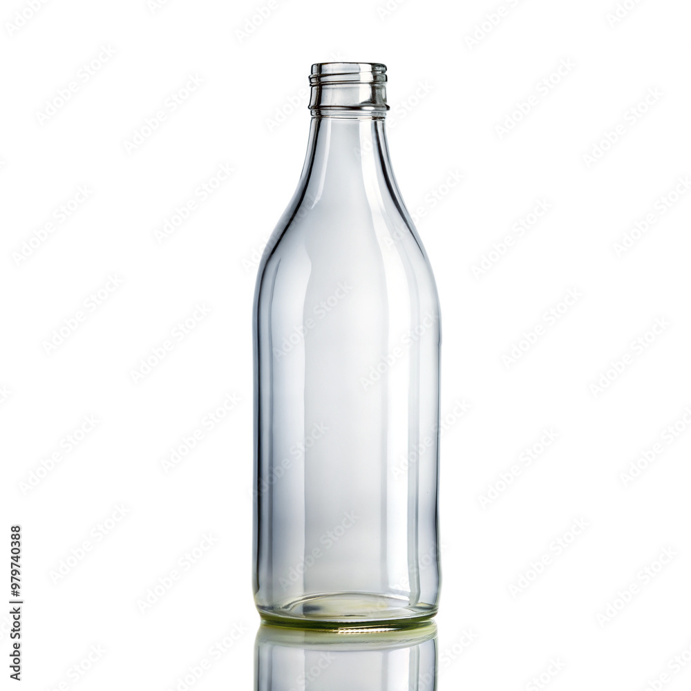 Transparent glass bottle on a black background, empty beverage container.