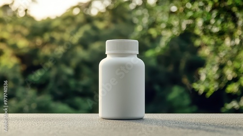 A sleek white dietary supplement bottle on a smooth surface with a blurred background of green nature. Hyper-realistic, Canon 1DX product shot with flawless DOF. photo