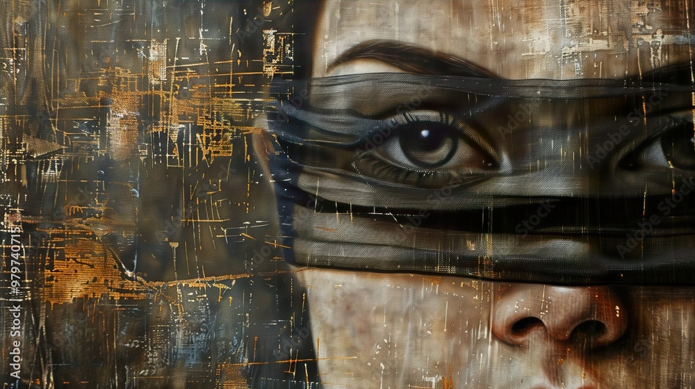 A close-up portrait of a woman's eyes, partially obscured by a black veil, against a textured background. A close-up portrait of a woman's eyes, partially obscured by a black veil, against a textured background.