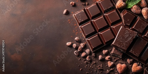 Celebrate World Chocolate Day with this banner template featuring a flat lay composition of chocolate bars, cocoa beans, and hearts on a dark brown background. Enjoy the top view with copy space! photo