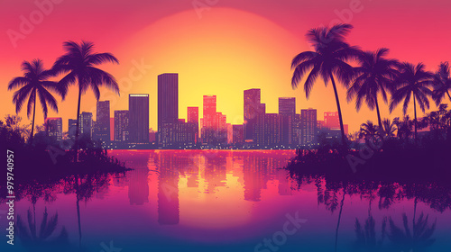 Miami skyline silhouette with palm trees for tropical urban theme, travel and real estate concepts. Silhouette. Illustration
