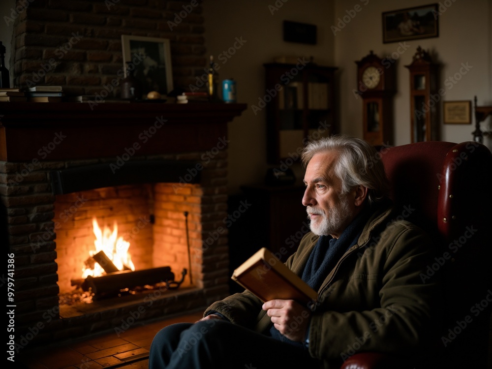 An elderly person immersed in a book, sitting comfortably by a blazing fireplace in a classic rustic room, capturing moments of solitude, reflection, and warmth.