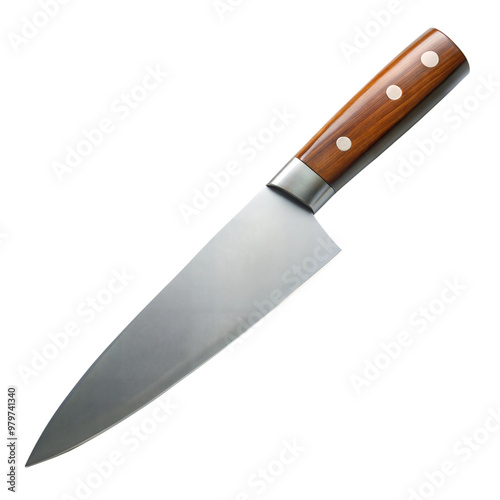 Sharp kitchen knife with a wooden handle on a black background, kitchen tool and culinary accessory. photo