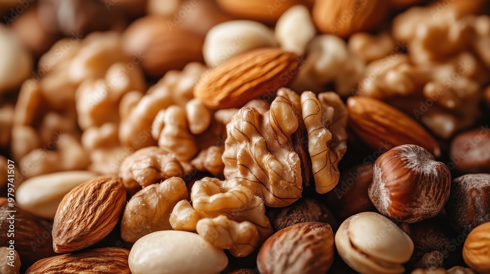 Close-Up of Mixed Nuts Including Walnuts, Almonds, and Hazelnuts, Perfect for Healthy Eating and Nutrition Concepts Close-Up of Mixed Nuts Including Walnuts, Almonds, and Hazelnuts, Perfect for Healthy Eating and Nutrition Concepts