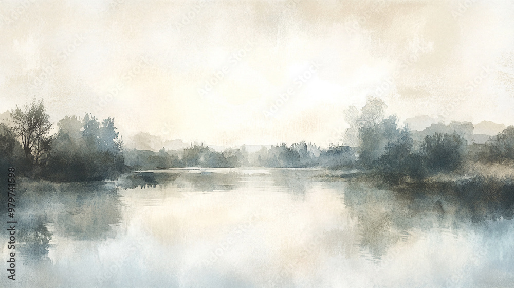 watercolor of a peaceful river in muted beige, gray, and blue