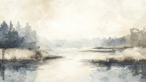 watercolor of a peaceful river in muted beige, gray, and blue