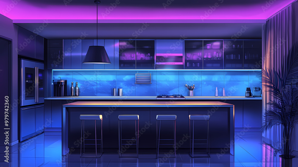 Modern kitchen interior sleek appliances marble countertops ambient lighting. Ambient Lighting. Illustration Modern kitchen interior sleek appliances marble countertops ambient lighting. Ambient Lighting. Illustration