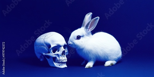 Curious Rabbit Examining a Skull on Dark Blue Background, Ears Perked photo