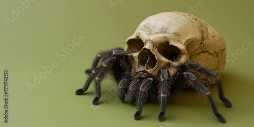 Creepy Tarantula Resting in Skull's Eye Socket on Olive Green Background