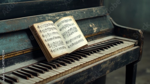 An old worn piano with an open book of sheet music resting on the keys, symbolizing the beauty of music, the passage of time, forgotten melodies, the power of expression, and the legacy of musical tra
