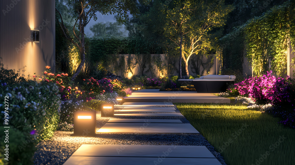 Modern landscaping design with illuminated pathway and ambient lighting ...