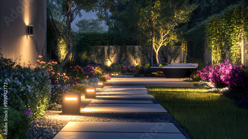 Modern landscaping design with illuminated pathway and ambient lighting in residential garden night scene. Ambient Lighting. Illustration