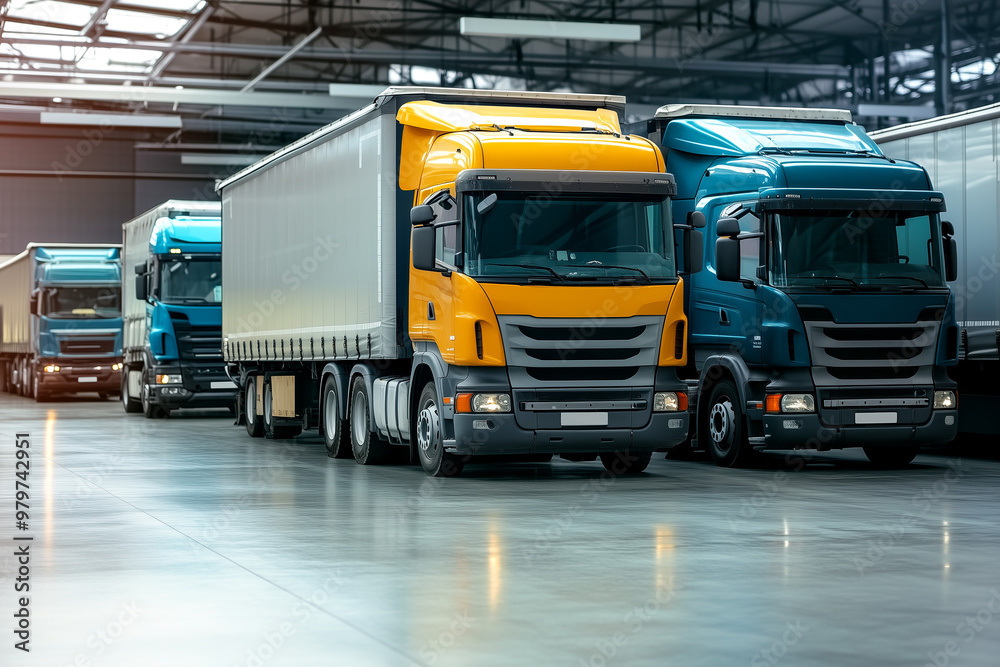 Parking Angle of Trucks in Warehouse. Image of parked trucks in a warehouse, suitable for logistics and transportation themes in commercial designs. Parking Angle of Trucks in Warehouse. Image of parked trucks in a warehouse, suitable for logistics and transportation themes in commercial designs.