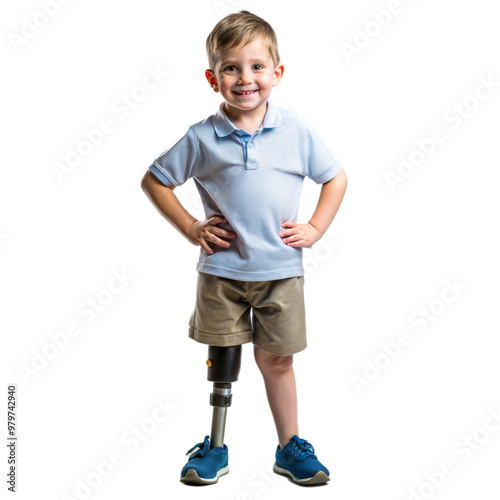 Young boy with a prosthetic leg standing confidently on a black background, child with mobility assistance.