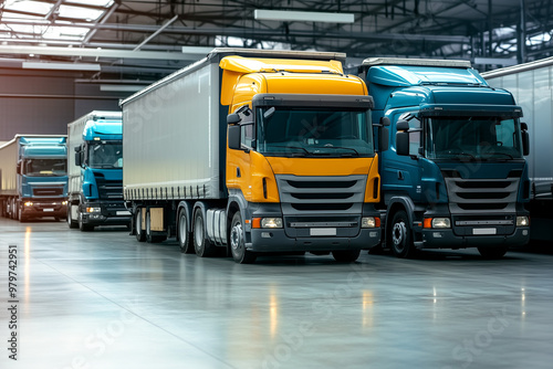 Parking Angle of Trucks in Warehouse. Image of parked trucks in a warehouse, suitable for logistics and transportation themes in commercial designs. photo