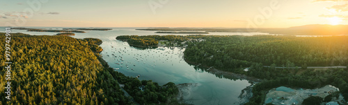 Panoramic drone shot of sunset in Northeast Harbor, Main near Bar Harbor on Mount Desert Island