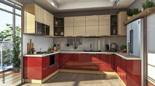 Modern modular l shaped kitchen with dual tone of gallantry ivory oak and complementary colors. Complementary Colors. Illustration