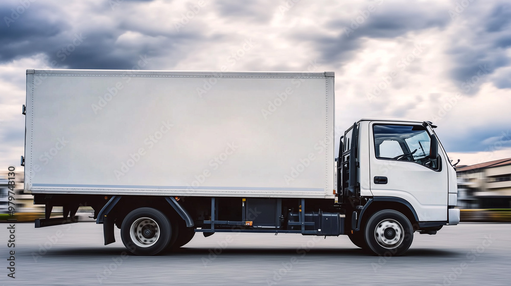 Side View of Delivery Truck. A white delivery truck in side view, suitable for logistics and transportation-themed projects, commercial use, or urban lifestyle designs. Side View of Delivery Truck. A white delivery truck in side view, suitable for logistics and transportation-themed projects, commercial use, or urban lifestyle designs.