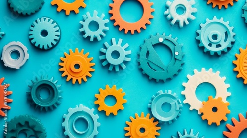 Colorful gears arranged creatively against a blue background, symbolizing teamwork, collaboration, engineering, mechanics, and innovation.