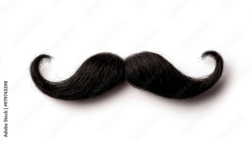 Curly Black Mustache Isolated on White Background, perfect for adding a touch of vintage style to your projects.  This mustache is a symbol of masculinity, confidence, and sophistication.