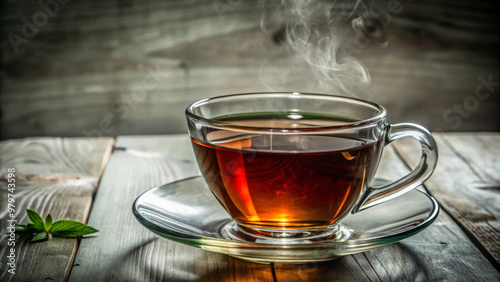 A steaming cup of tea sits elegantly on glass saucer, exuding warmth and comfort. rich amber liquid is surrounded by rustic wooden backdrop, enhancing its inviting appeal