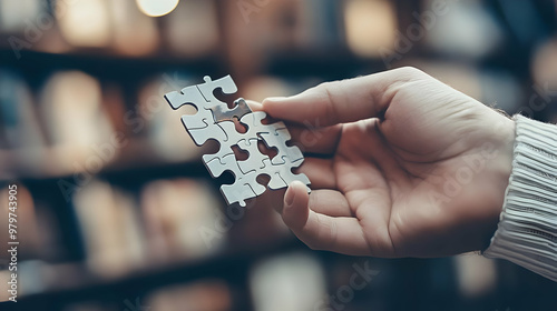 A Hand Holding a Puzzle Piece with a Blurred Background of Bookshelves