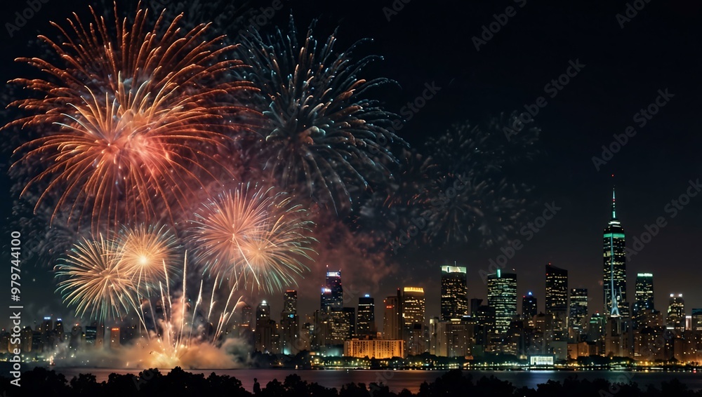 Holiday fireworks illuminating the night sky over a city skyline. Holiday fireworks illuminating the night sky over a city skyline.