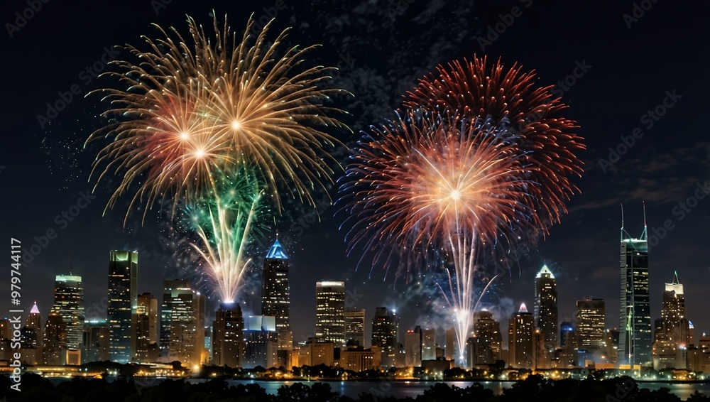 Holiday fireworks illuminating the night sky over a city skyline. Holiday fireworks illuminating the night sky over a city skyline.