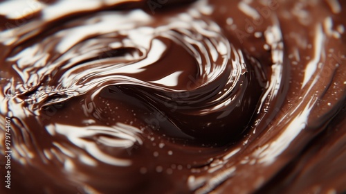 Close-up of Smooth Melted Chocolate Swirl with Rich Texture and Glossy Finish, Perfect for Food and Dessert Themes