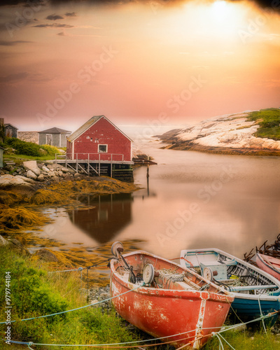 Billede på lærred Sunset in a cove with canoes on a beach and a fishing shack on the water