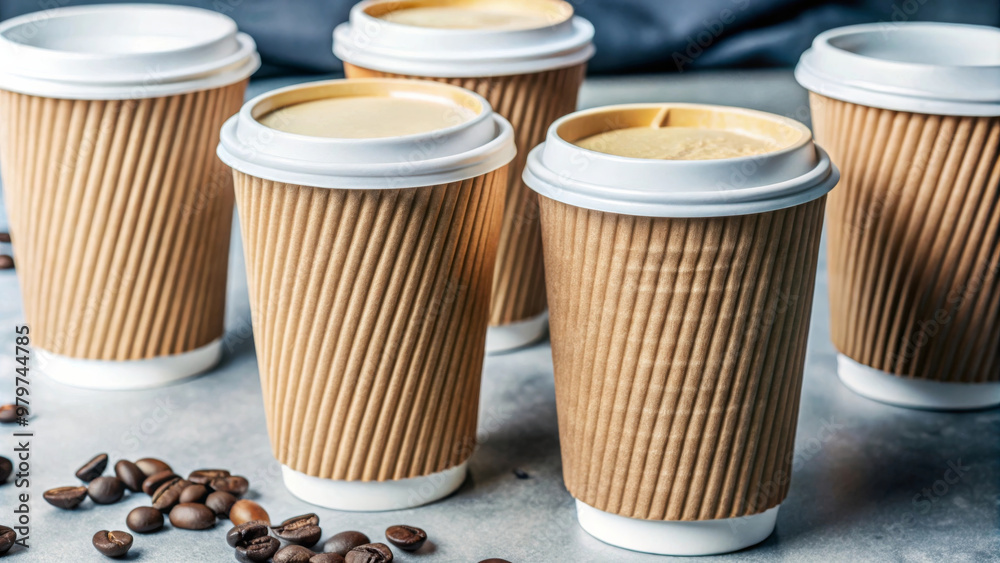 Disposable paper cups on brown background, filled with coffee, create cozy atmosphere. warm tones and textures evoke sense of comfort and enjoyment Disposable paper cups on brown background, filled with coffee, create cozy atmosphere. warm tones and textures evoke sense of comfort and enjoyment