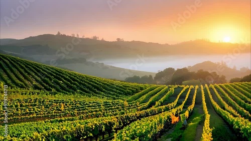 Wallpaper Mural A picturesque vineyard at sunrise, featuring lush green grapevines against rolling hills and a misty horizon. Torontodigital.ca
