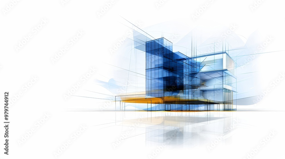 Fototapeta premium Modern Architectural Sketch of a Glass Building with a Glass Facade. This abstract design is sleek, minimalist, and elegant. The building is characterized by geometric shapes, clean lines, and a foc