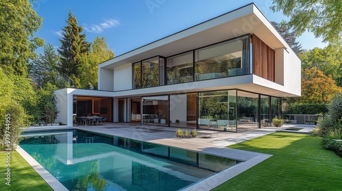 Modern architectural design of a luxurious home featuring a spacious pool, lush landscaping, and expansive windows. The home's minimalist design and natural elements create a serene and inviting atmos