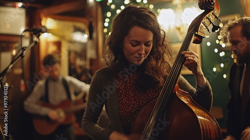 Female Musician Playing Double Bass in a Band photo