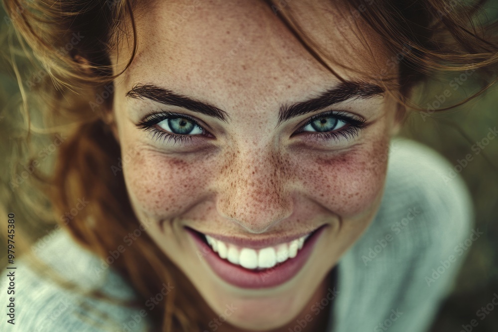 Joyful Young Woman with Freckles and Blue Eyes Joyful Young Woman with Freckles and Blue Eyes