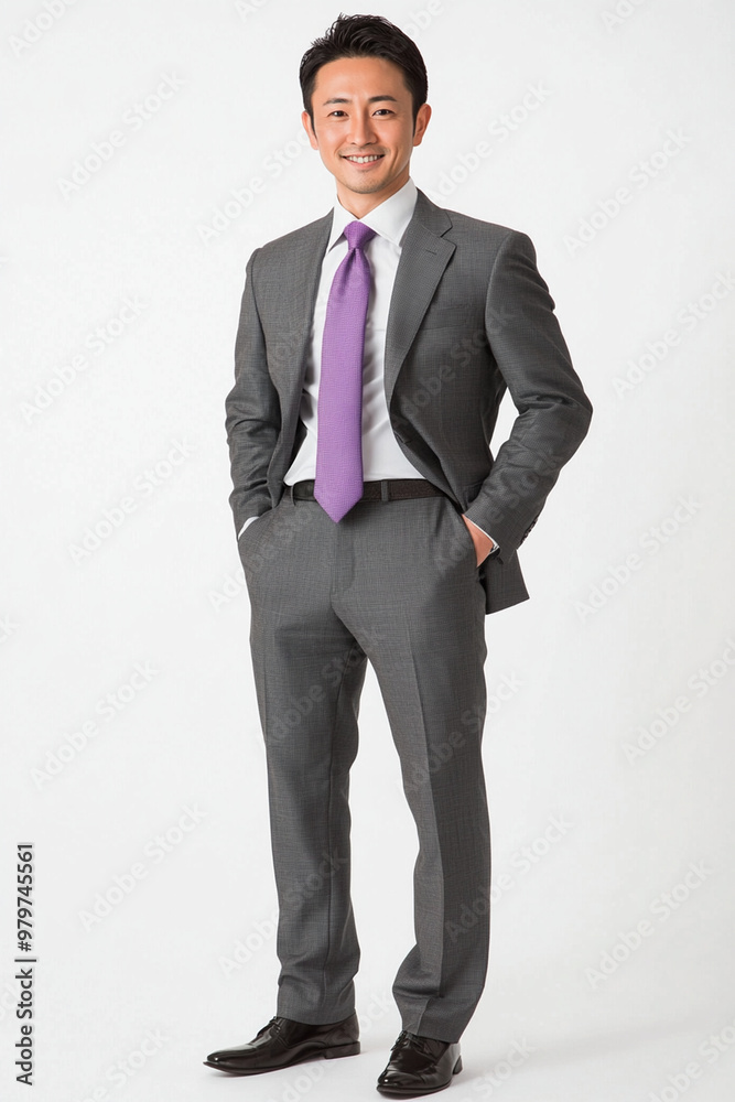 A confident Asian businessman in grey suit and purple tie stands with smile, exuding professionalism and charm. His polished look is perfect for corporate settings A confident Asian businessman in grey suit and purple tie stands with smile, exuding professionalism and charm. His polished look is perfect for corporate settings