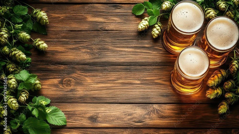 Celebrate International Beer Day with a festive banner featuring beer mugs, hops, and barley on a wooden background. Perfect for any party! Celebrate International Beer Day with a festive banner featuring beer mugs, hops, and barley on a wooden background. Perfect for any party!