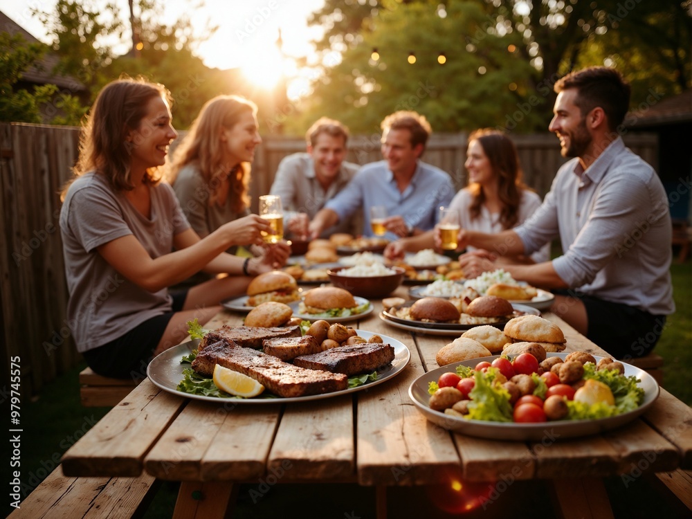 A jovial group of friends gathers in an outdoor setting, enjoying a barbecue feast with a variety of meats and vegetables as the golden sun sets. A jovial group of friends gathers in an outdoor setting, enjoying a barbecue feast with a variety of meats and vegetables as the golden sun sets.