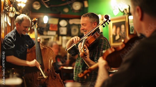 Irish Pub Musicians Playing Violin and Double Bass photo