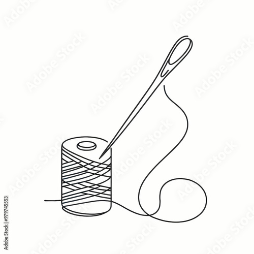 A simple minimalistic continuous unbroken line drawing of a needle and thread, ideal for a logo or design element for sewing, tailoring, or craft-related businesses. photo