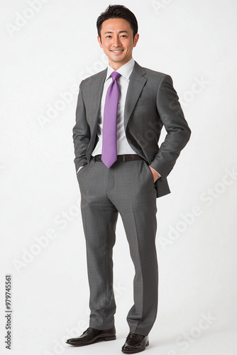 A confident Asian businessman in grey suit and purple tie stands with smile, exuding professionalism and charm. His polished look is perfect for corporate settings