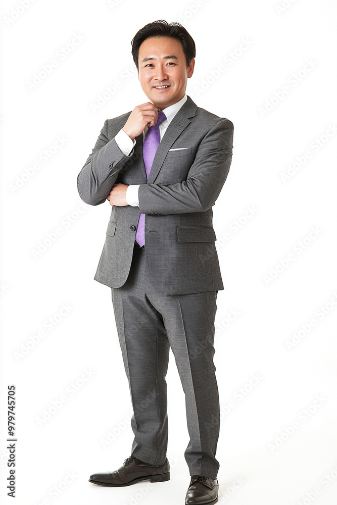 A confident Asian businessman in grey suit stands with thoughtful expression, showcasing professionalism and style. His purple tie adds touch of elegance to his attire A confident Asian businessman in grey suit stands with thoughtful expression, showcasing professionalism and style. His purple tie adds touch of elegance to his attire