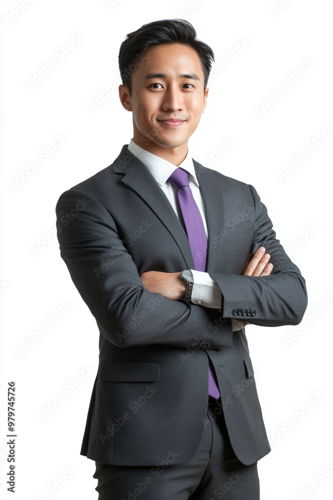 Confident Asian businessman in grey suit with purple tie, standing with arms crossed, exuding professionalism and approachability Confident Asian businessman in grey suit with purple tie, standing with arms crossed, exuding professionalism and approachability