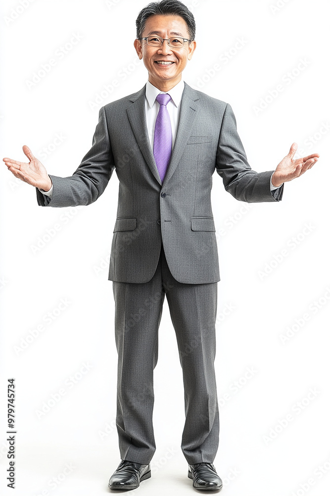 A confident Asian businessman in grey suit with purple tie stands with open arms, exuding warmth and approachability. His smile invites engagement and connection A confident Asian businessman in grey suit with purple tie stands with open arms, exuding warmth and approachability. His smile invites engagement and connection